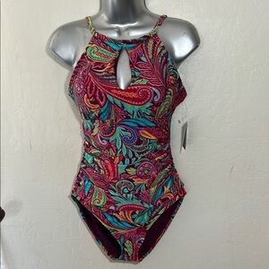 Ellen Tracy Pink and Green One-Piece Swimsuit with Keyhole Detail